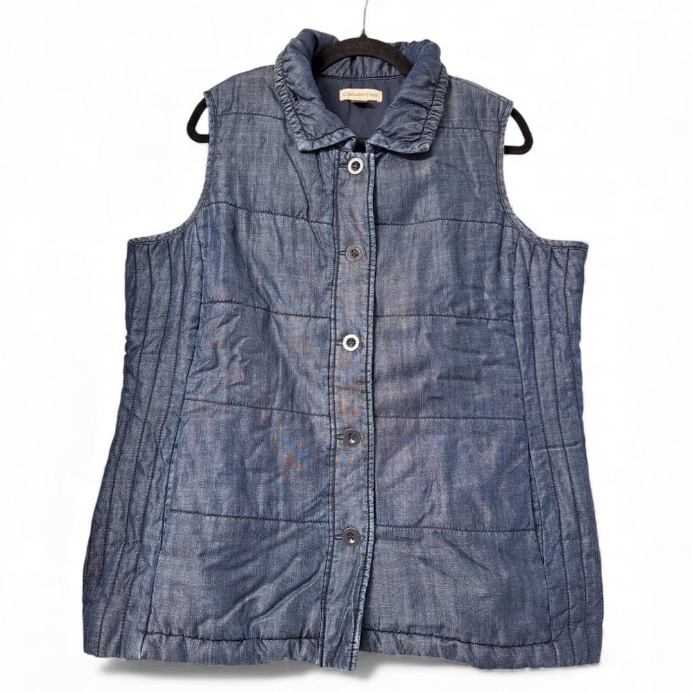 Coldwater Creek XL 16 Quilted‎ Tencel Denim Look Vest Button Up Blue